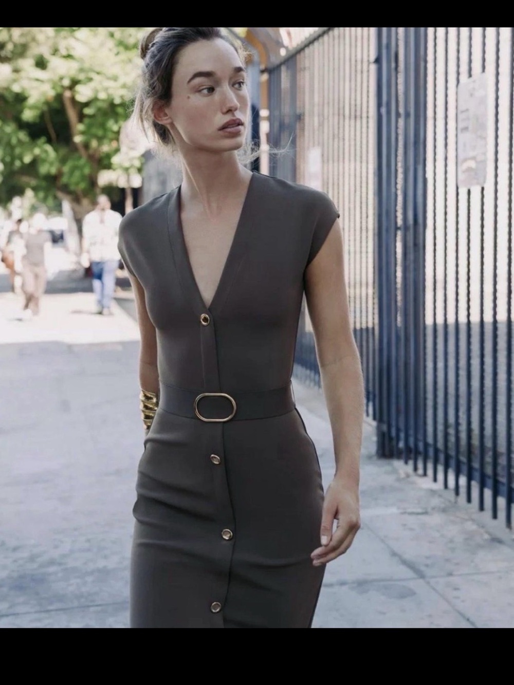 Zara Olive V-Neck Belted Button-Front Midi Dress